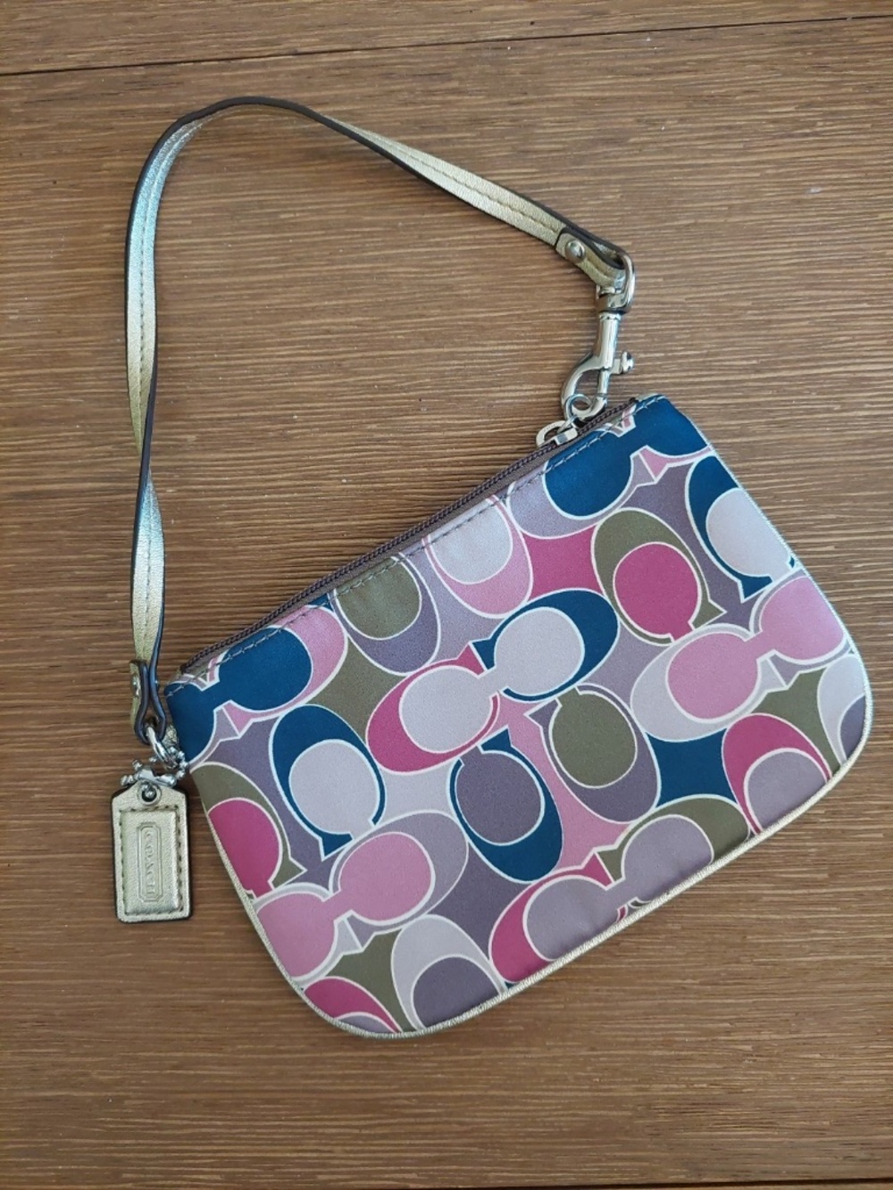 Coach Wristlet Signature C Logo Print Blue Green Pink Satin Gold Leather Trim